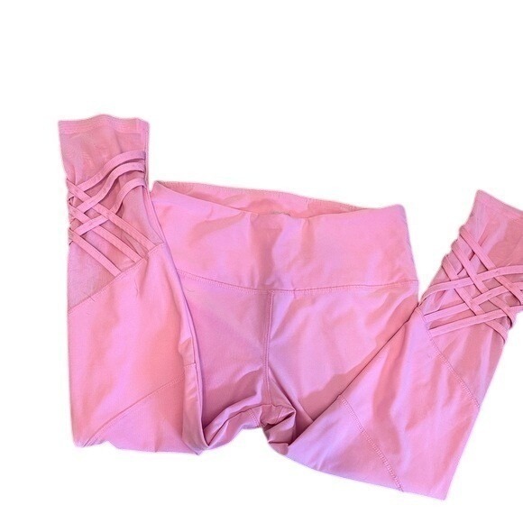 VOGO Pink Criss Cross Leggings & Bra Activewear Athletic Workout Cropped Pants - Picture 3 of 10